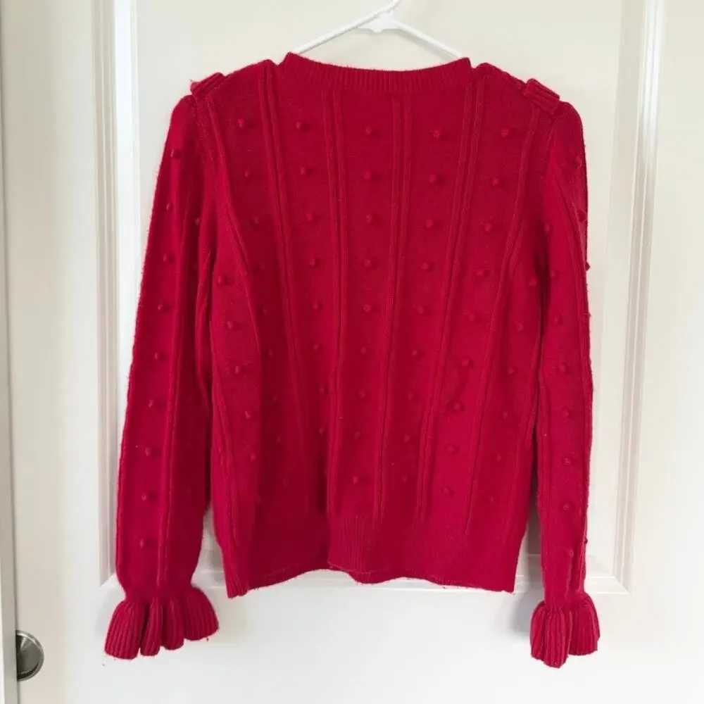 Kate Spade Pom Pom Ruffle Holiday Wool Blend Sweater Red Small